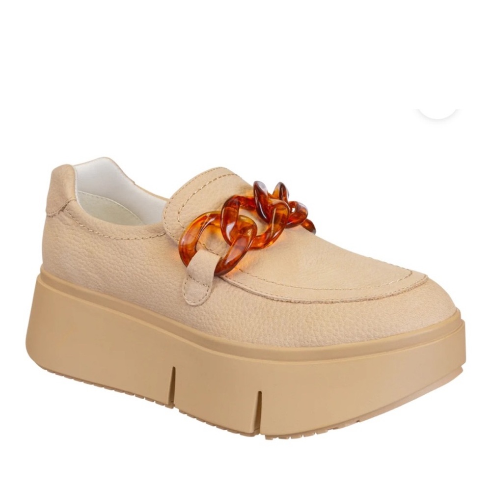 Naked Feet Tan Platform Loafers with Amber Chain Accent